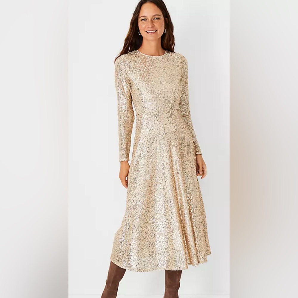 NWT Ann Taylor Gold Sequin midi Dress